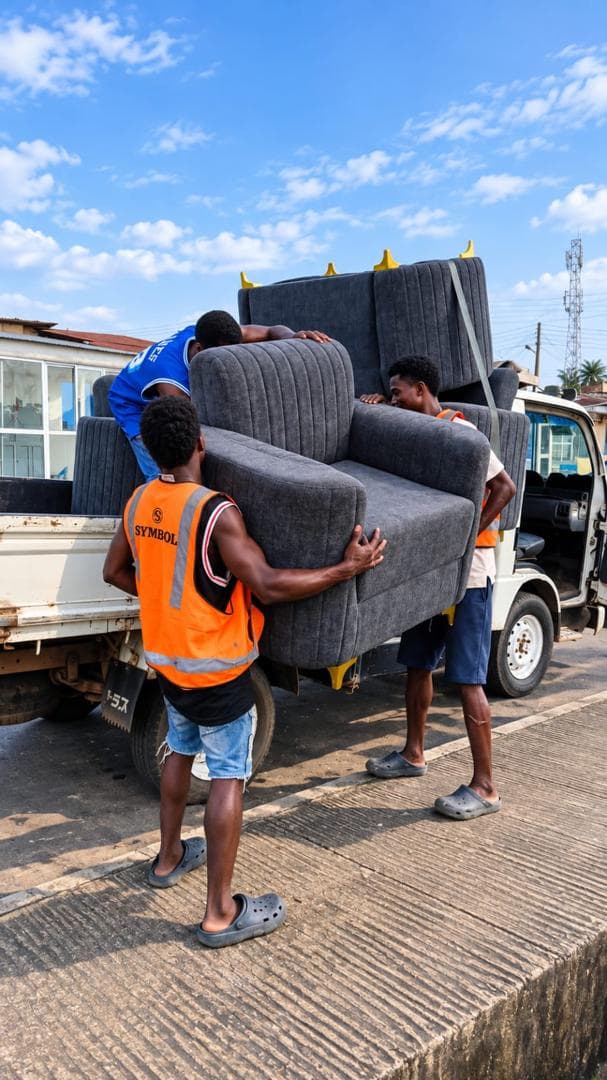 Symbol Homes crew in orange vests lifting a sofa onto a delivery truck