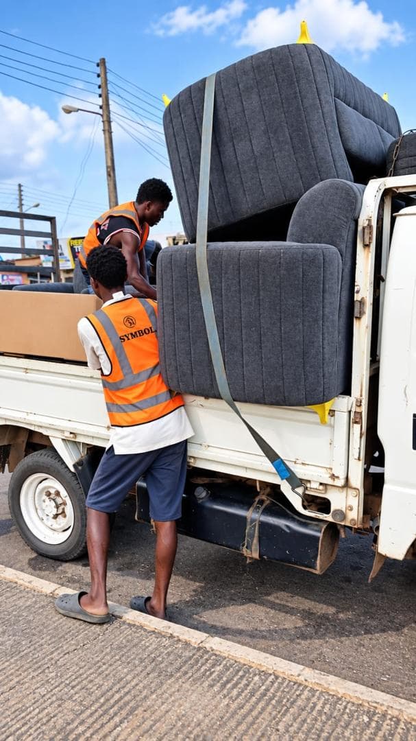 Sofas strapped securely on the back of a Symbol Homes delivery truck