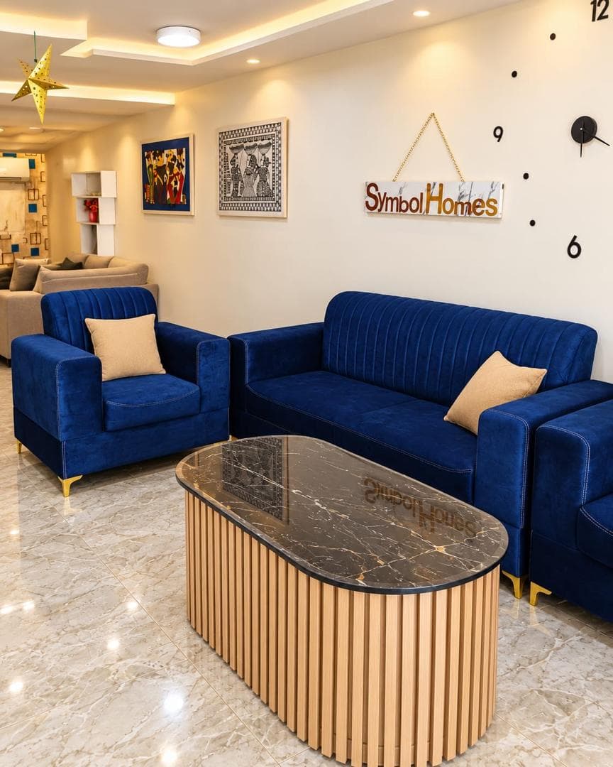 Royal blue velvet sofa set with fluted oak coffee table